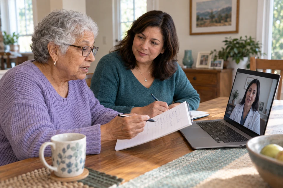An older adult reviewing questions during a video conversation while a family member takes notes