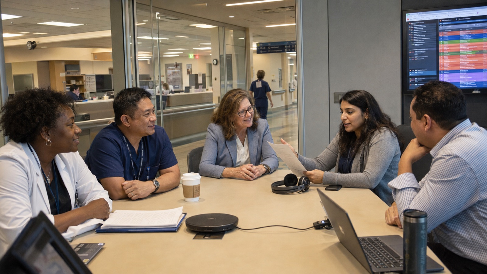 Care navigators in a huddle with a hospital care team, the ward visible through glass
