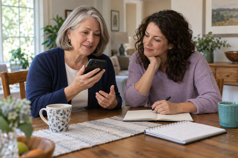 An older adult and family member preparing questions during a care-navigation call