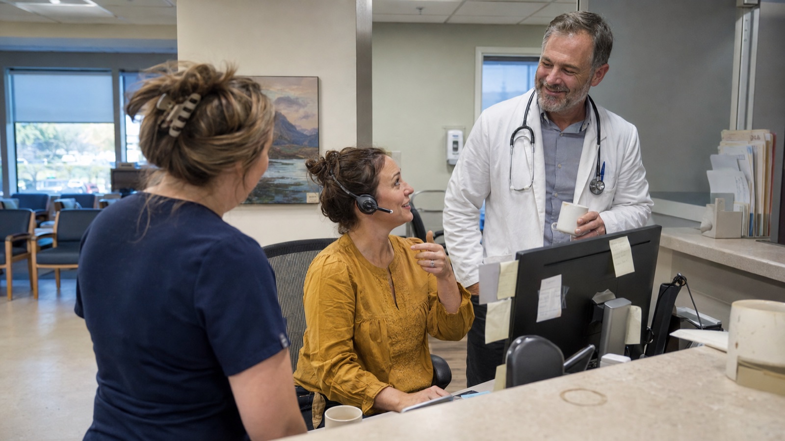 A care navigator working at the front desk of a family practice with the physician and medical assistant