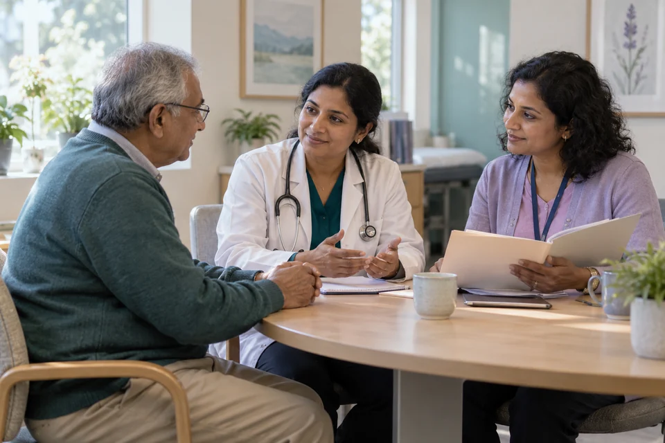 Illustrative scene: A patient discussing follow-up with a primary-care physician and care coordinator.