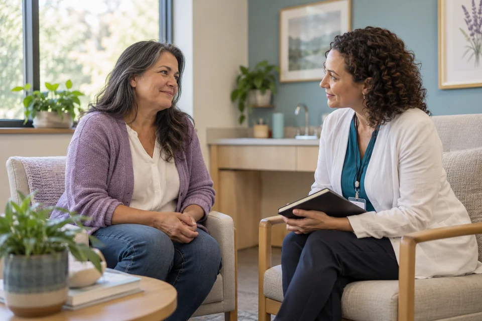 Illustrative scene: A patient having an attentive conversation with a behavioral-health professional.