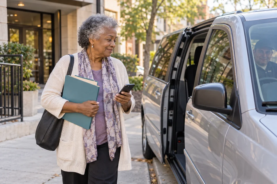 Illustrative scene: An older adult with an appointment folder and phone preparing to use an arranged ride.