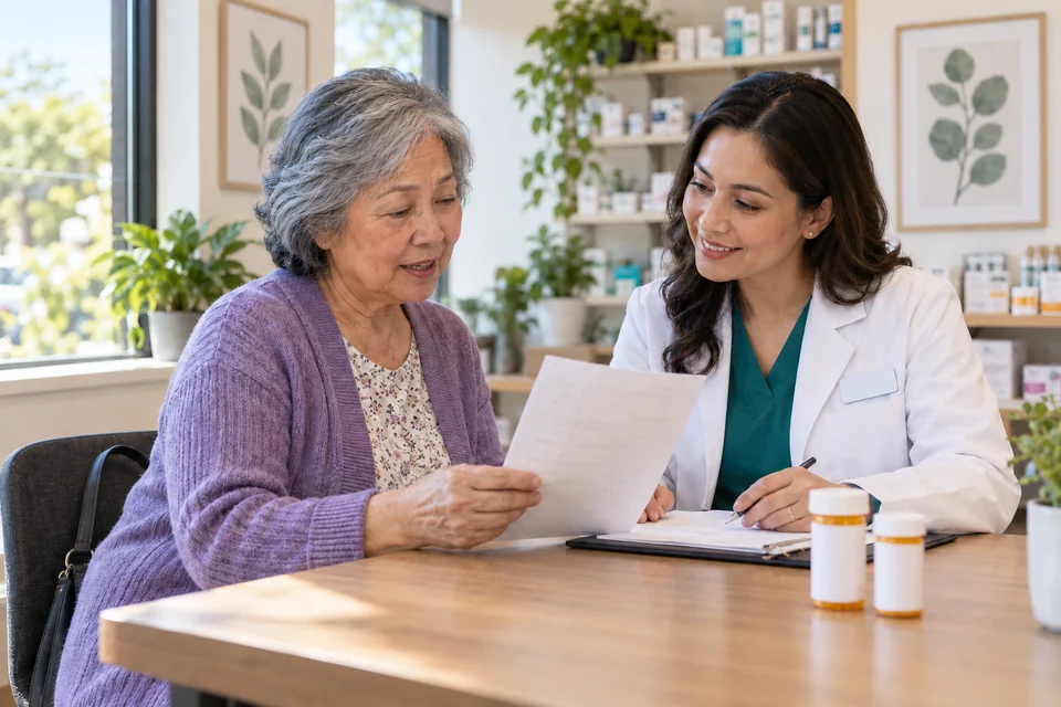 Illustrative scene: An older adult reviewing medication questions with a pharmacist.