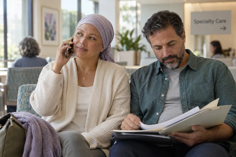 Illustrative scene: A patient and companion coordinating appointments and referral paperwork in a specialty-care waiting area.