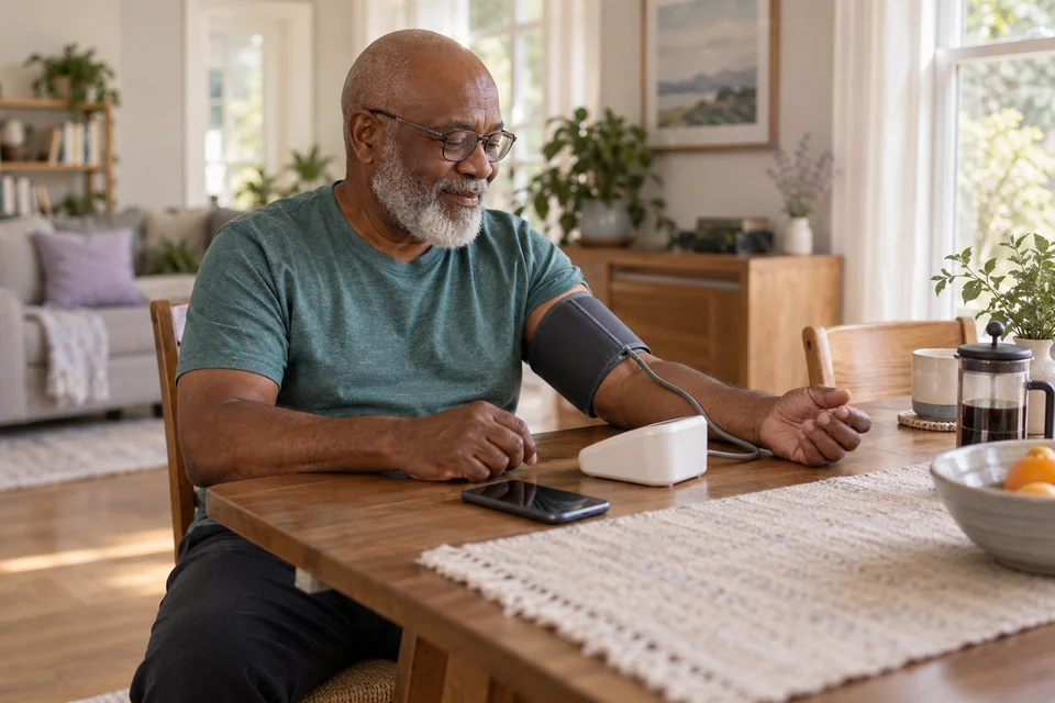 Illustrative scene: An older adult taking a home blood-pressure reading with an upper-arm cuff.