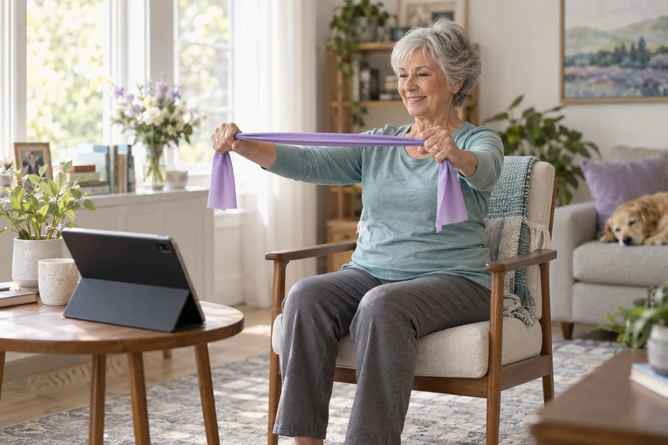 Illustrative scene: An older adult following a seated resistance-band exercise beside a tablet.