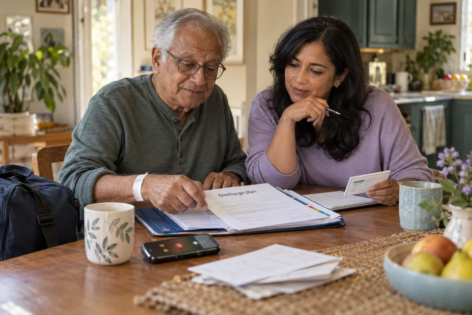 Illustrative scene: An older adult and companion organizing discharge instructions and follow-up after a hospital stay.