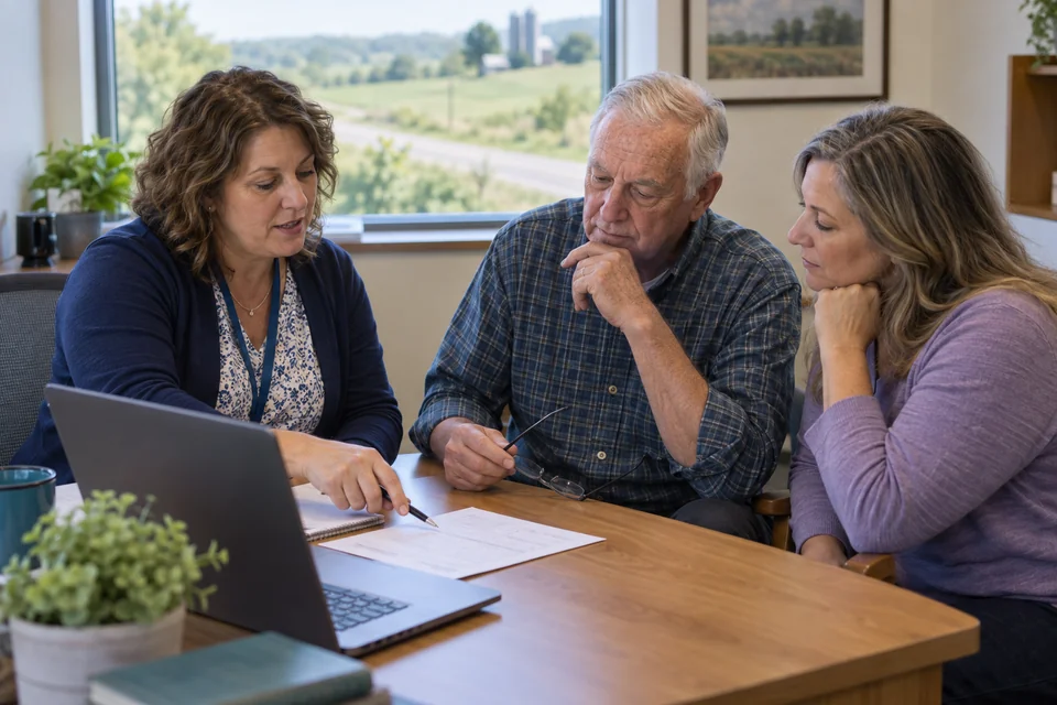 A rural clinic team member reviewing next steps with an older adult and a family member